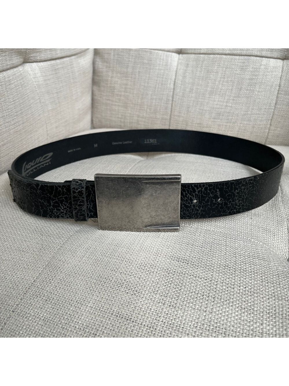LIQUID TULLIANI Black Leather Distressed Belt Silver Tone Matte Rectangle Buckle